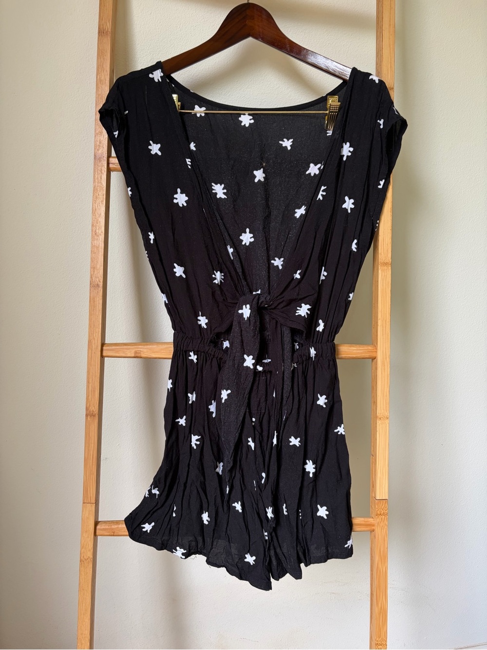 Posh Pua Black Romper with White Floral Print and Tie Front